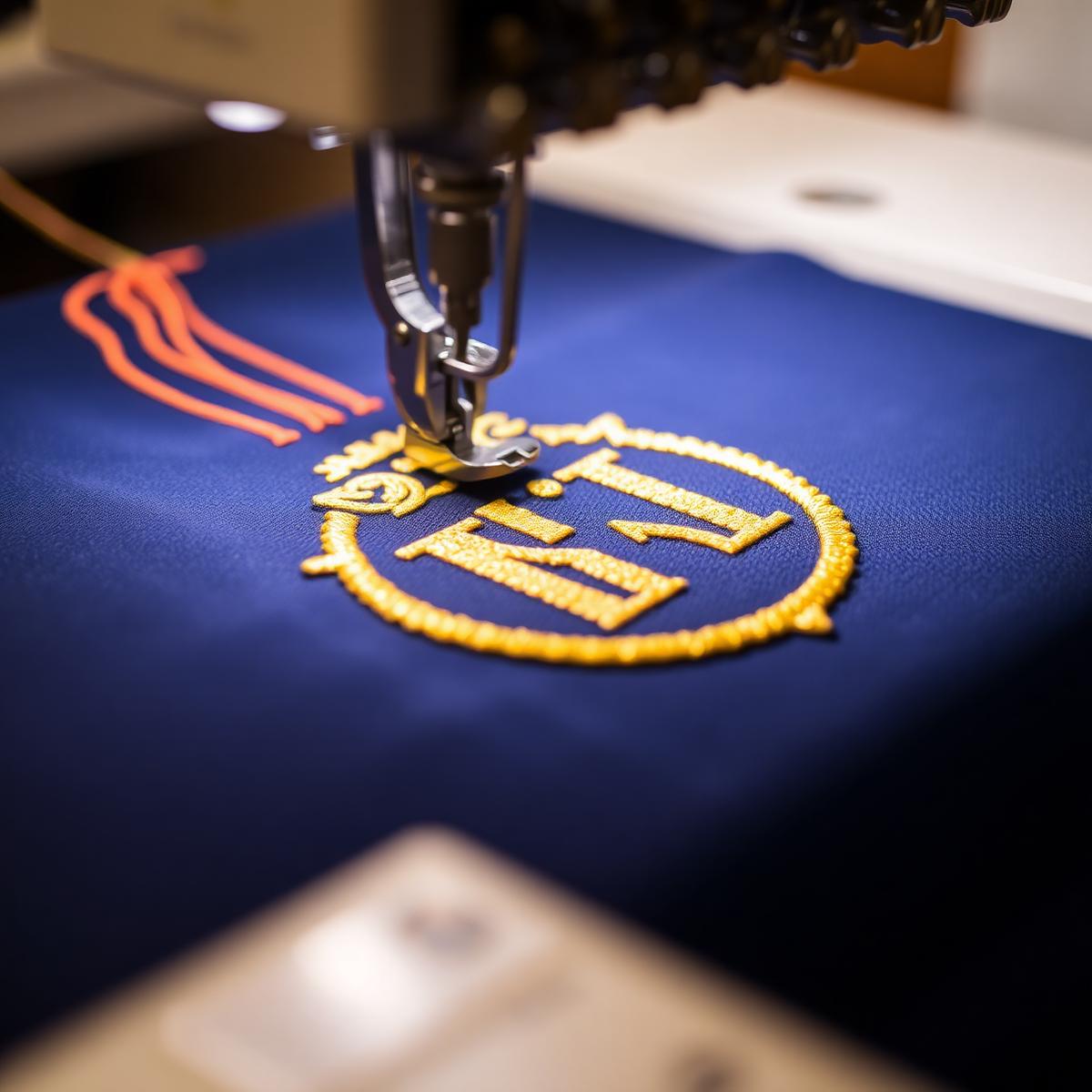 Embroidery machine stitching gold logo on navy